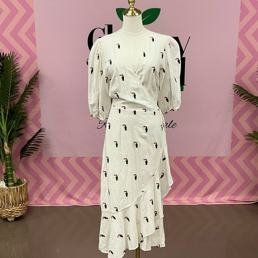 Farm Rio Cream Midi Wrap Dress with Toucan Print